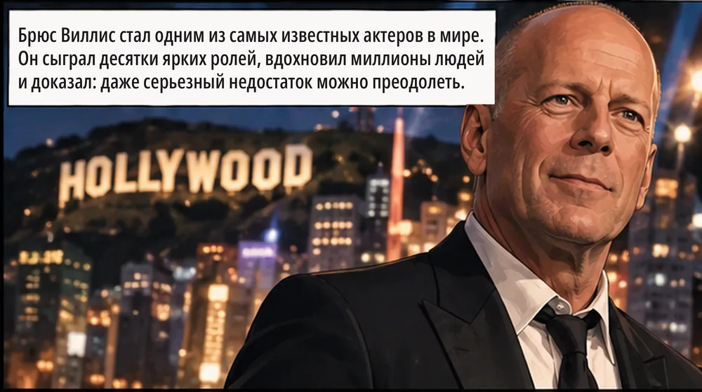 Брюс Виллис стал одним из самых известных актёров в мире. Он сыграл десятки ярких ролей, вдохновил миллионы людей и доказал: даже серьёзный недостаток можно преодолеть. «Неважно, как ты начинаешь. Важно — не сдаваться. Твои слабости могут стать твоей силой». История не только об актёре. Это история о том, что каждый может преодолеть свои барьеры. Большие люди тоже когда-то заикались.