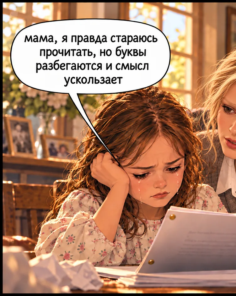 Кира очень старается, но у неё не выходит. «Мама, я правда стараюсь прочитать, но буквы разбегаются и смысл ускользает». Мама в отчаянии. Но тут ей подсказали решение: «Попробуйте…»