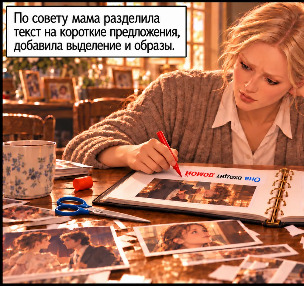 По совету мама разделила текст на короткие предложения, выделила слова цветом и добавила картинки с образами героев. «Лишь бы это сработало… Она обычно знает, что говорит».