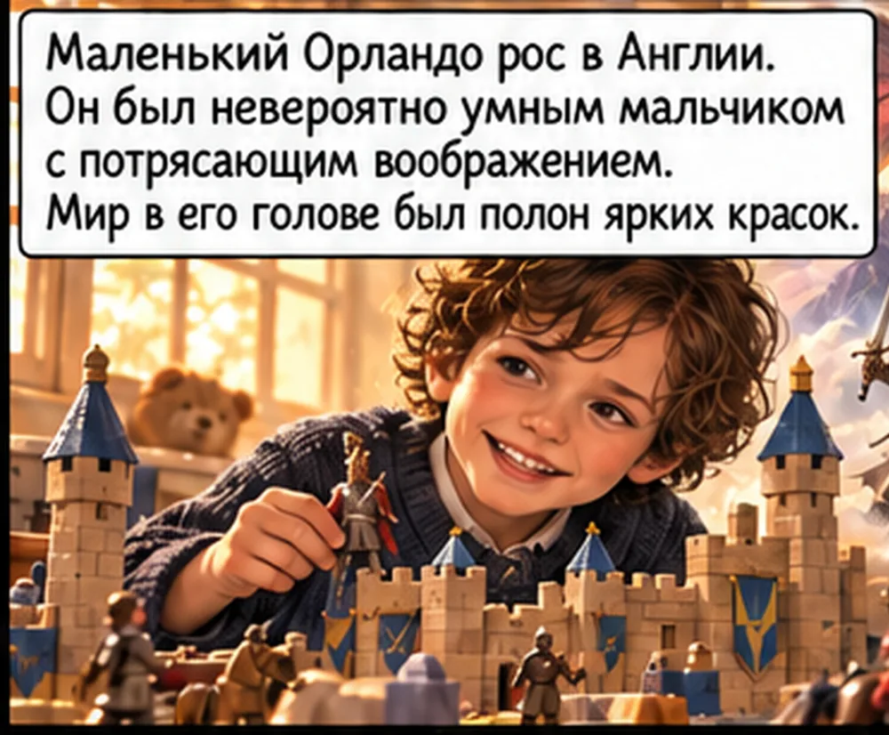 Маленький Орландо рос в Англии. Он был невероятно умным мальчиком с потрясающим воображением: мир в его голове был полон ярких красок, драконов и рыцарей.