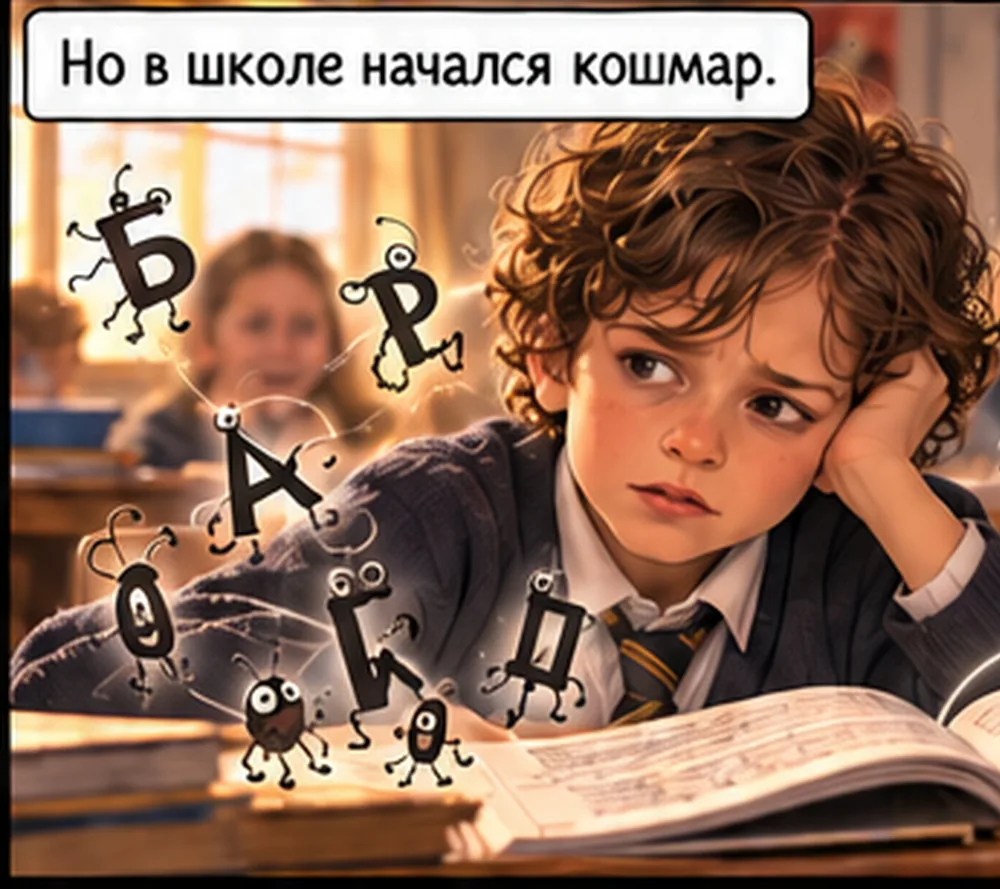 Но в школе начался кошмар. Буквы на странице превращались в живых жучков: бегали, переворачивались, танцевали — и не желали складываться в слова.